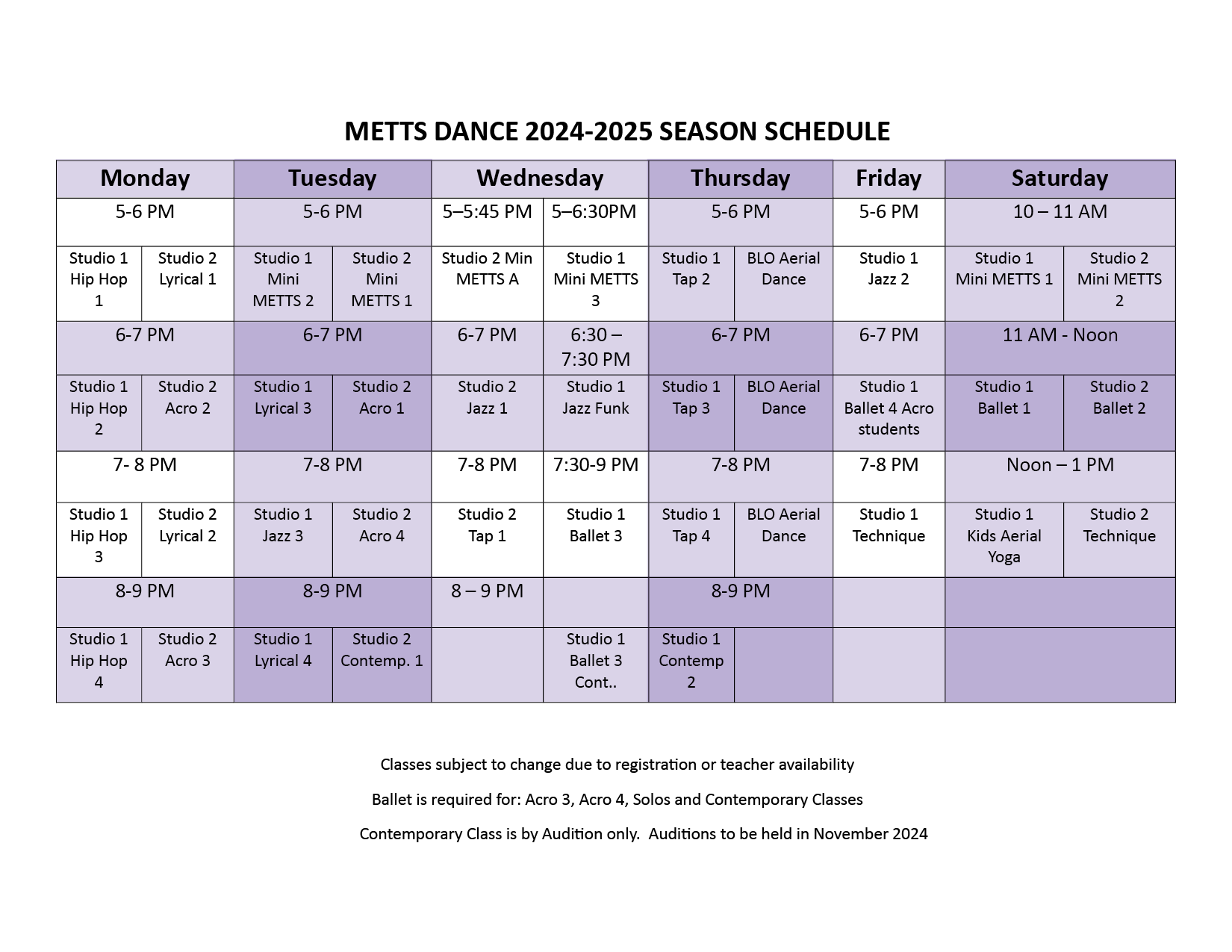 METTS Dance Class Schedule